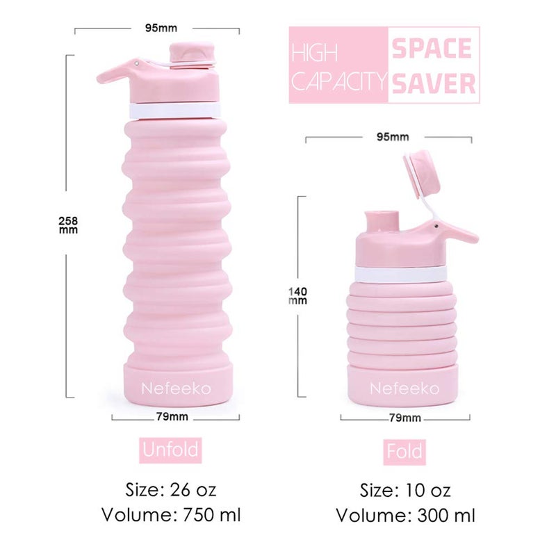 Nefeeko Collapsible Water Bottle, 26oz Silicone Foldable Water Bottles Leakproof BPA Free Travel Water Bottles with Carabiner, Portable Sport Water Bottles for Camping,Hiking Outdoor Indoor Sport - Image 2